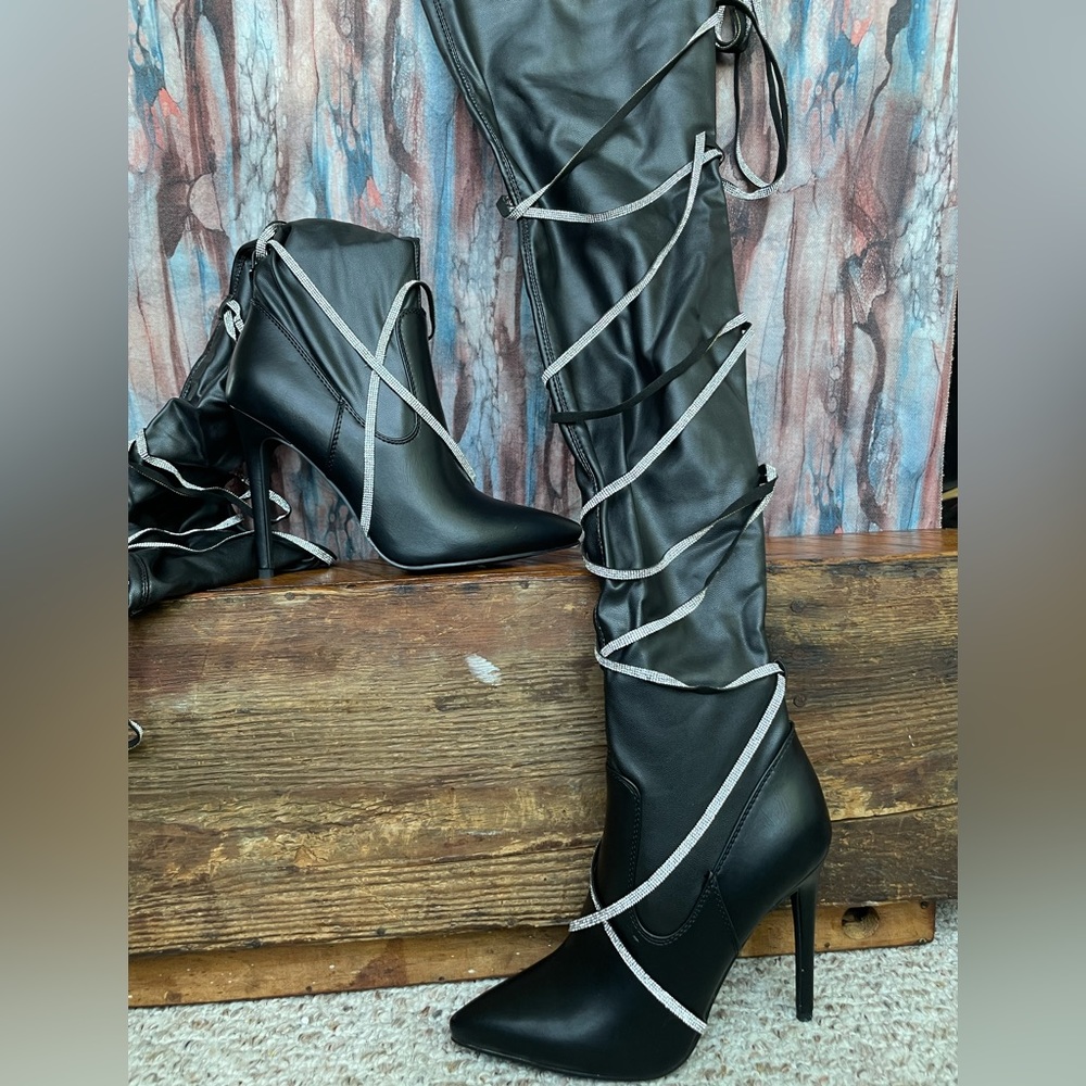 Azalea Wang “Underworld” Thigh High Boot with Rhinestone Wrap- US Size 8.5